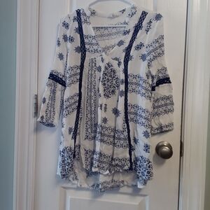 ODDY Vintage Blue and White Women's Top S Geometric Artsy Boho